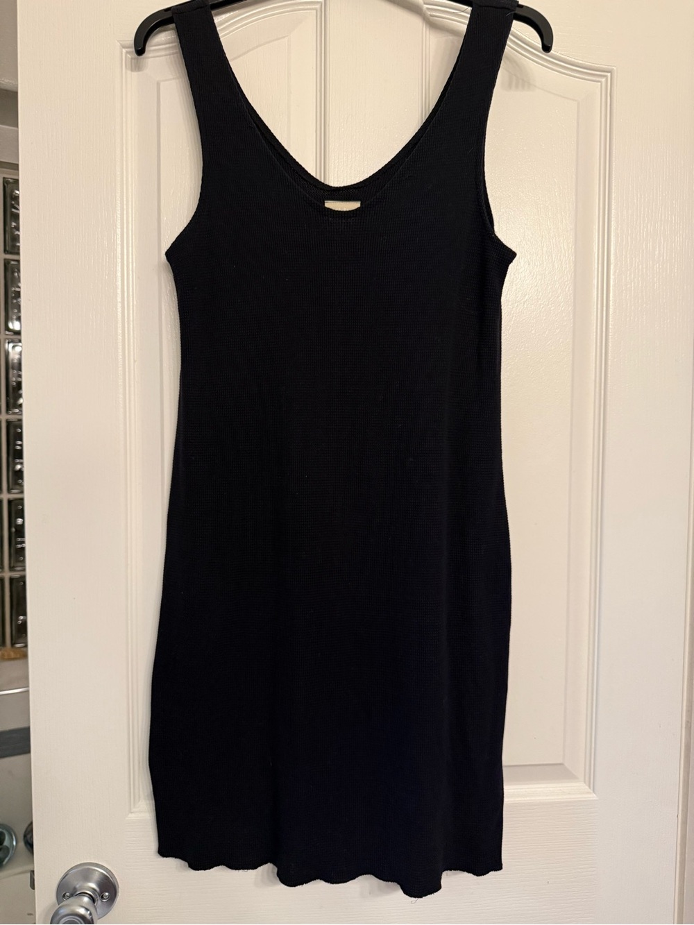 Fitigues Black Waffle Knit Tank Dress Tunic Deep V-Back Scoop Neck